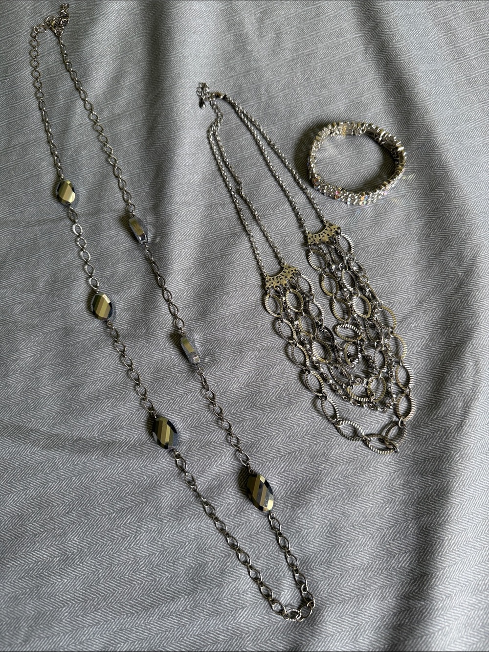 2 Necklaces and 1 Bracelet: Silver-Tone Necklace with Faceted Bead Accents